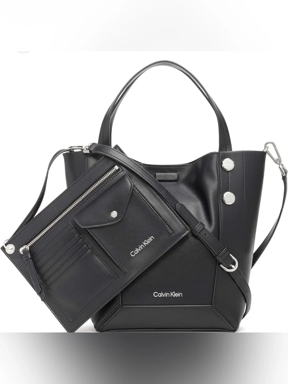 Calvin Klein Black Leather Shoulder Bucket Bag with Silver Hardware